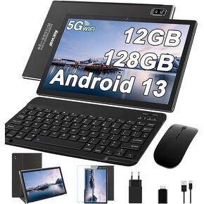 Tablet with Keyboard, Android 13 Tablet, 12GB+128GB, 1TB Expand, 10 inch Tablet with Case, 2 in 1 Tablet, Mouse, Stylus, 2.4G/5G WiFi, GPS, Certified Tablet PC