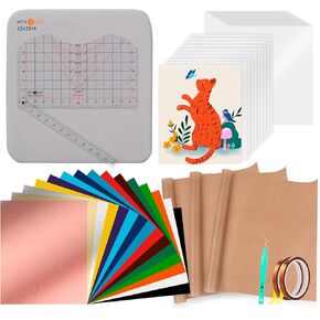 HTVRONT Heat Press Accessories, 55 Pack Heat Press Supplies for 15X15 Heat Press Machine, T Shirt Heat Press Starter Kit for Cricut Easy Press, Include Vinyl&Sublimation Bundle, Tools&Heat Press Mat