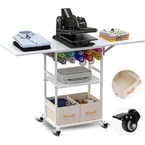 طاولة ضغط حراري متحركة من 3 طبقات من Nisorpa مع رف قابل للتعديل، عربة ضغط حراري مع عجلتين مقفلتين، طاولة عمل قابلة للطي شديدة التحمل مع صندوقين تخزين قابلين للإزالة، أبيض in Kuwait