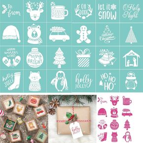 Briartw 24 Pcs Christmas Minis Silkscreen Stencil Reusable Self-Adhesive Mesh Stencils Silk Screen Stencil Printing for Polymer Clay Home Decoration Printing on Wood Fabric Wall Cup Plate Glass