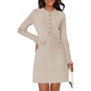 MEROKEETY Women's Long Sleeve Bodycon Sweater Dress Button Crew Neck Elegant Formal Mini Dresses