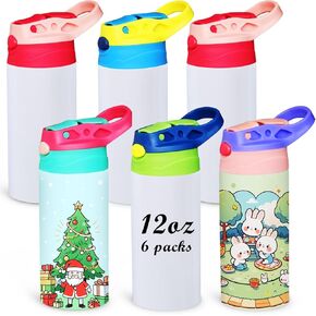 6 Pack Kids Sublimation Tumbler with Lid and Straw 12 oz Kids Sublimation Water Bottles Stainless Steel Sublimation Cups for DIY Insulated Tumbler Heat Press Print