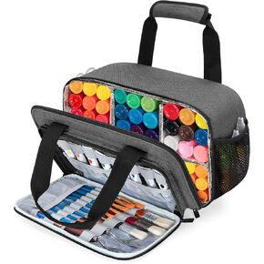 Acrylic Paint Organizer Bag for up to 54 Bottles (2 oz), Art Supply Storage Case with Handle Strap, Extra Pocket for Paint Brushes, Palette Board, Aluminum Foil Liner for Easy Cleaning, Grey