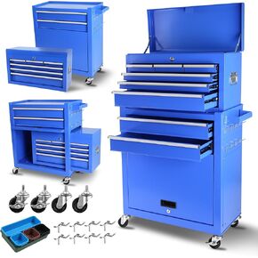 BouPower Tool Chest with 8 Drawers, Rolling Tool Cabinet with Wheels, Mobile Steel Tool Storage Organizer with Detachable Top Tool Box, for Warehouse&Workshop