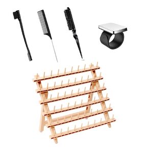 Laflare Braiding Rack for Hair with Comb set & Braid Gel Wristband & Hair clip, Hair Rack (Hair Extension Holder with 60 Pegs,) with Hair Braiding Accessories (WOOD COLOR COMBO4)