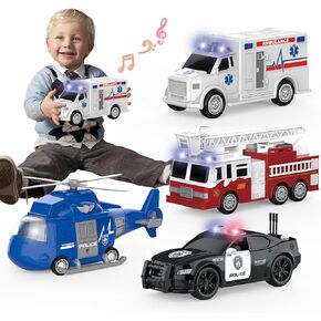 4 Packs Emergency Vehicle Toys with Lights and Siren Sound,Including Fire Truck, Ambulance Toy, Play Police Car and Toy Helicopter,Friction Powered Car Toys for Toddler Boys 3 4 5 6 Years Old