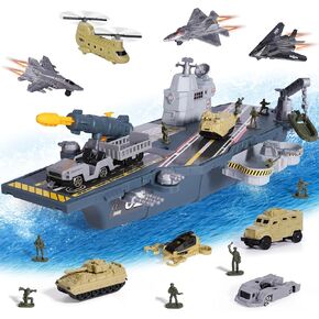 Military Aircraft Carrier Toys, Army Toys with 10 Vehicles, Fighter Jet Battleship Helicopter Tanks and Army Men Action Figures Toy for Kids Boys Girls