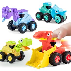 JOYIN Baby Car Toy for 1 2 3 Years Old Boys Girls, Dinosaur Truck Toys for Toddlers, Transforming Robot for Toddlers, 4 Pack Construction Vehicles Set, Dinosaur Racing Car Playset, Press & Go