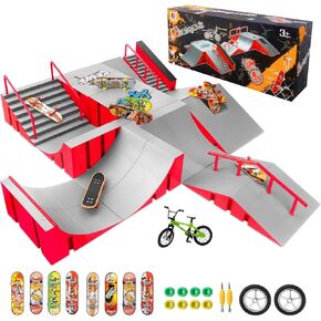 CS COSDDI Finger Skateboard Park Kits,Skateboard Finger Toys with 8 Finger Skateboards & 14 Skatepark Deck Ramp,1 Finger Bike for Boys or Girls Gift,Mini Finger Skateboards Ramp Accessories Set（red）