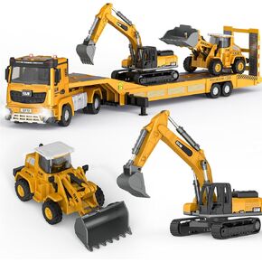 Kids Toys for 3 4 5 6 7 Years Old Boys, Die-cast Construction Toys Set w/Semi Truck, Excavator, Bulldozer, Alloy Engineering Construction Vehicles Truck Toys w/Lights & Sounds, Model Cars