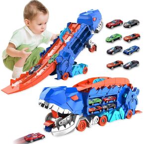 Dinosaur Transporter Truck Foldable Sliding Race Track Toy with 8 Toy Cars for Kids Age 3 4 5 6 7 8 (Blue)