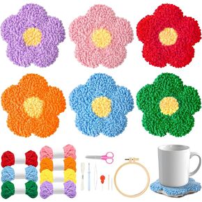 WATINC Flower Punch Needle Coaster Kit - 22Pcs Crafts Punch Needle Coasters Kits for Beginners, Flower Patterns Coaster Tufted Rug Pads with Adhesive Felt Yarns Embroidery Hoop Instruction