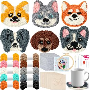 WATINC Puppy Punch Needle Coaster Kit - 6 Patterns Dog Punch Needle Embroidery Craft Kit, DIY Felting Coaster for Adults Beginners with Adhesive Yarns Fabric Felt Hoop Tools Instruction