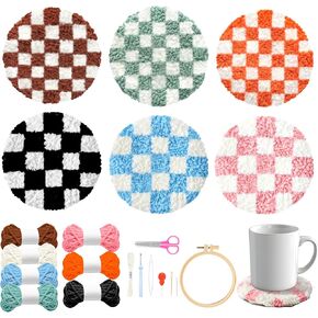 WATINC Checkerboard Punch Needle Coaster Kit - 22Pcs Crafts Punch Needle Coasters Kits for Beginners, Checkerboard Patterns Coaster Tufted Rug Pads with Adhesive Felt Yarns Embroidery Hoop Instruction