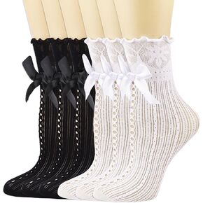 BIVOLU Womens Crew Socks Lace Ruffle Frilly Cotton Cute Princess Ankle Dress Socks for Girl 2/4/5/6 Pack