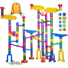 Meland Marble Run - 132 قطعة لعبة بناء لعبة المتاهة الرخامية للأطفال، مجموعة سباق المسار الرخامي وألعاب تعليمية STEM للأولاد والبنات بعمر 3 4 5 6 7 8 9+ (102 قطعة ماربولوس شفافة و30 كرة زجاجية)