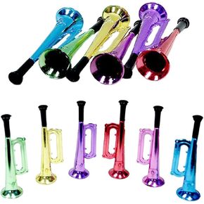 Kicko Metallic Trumpet Toys - 12 Pack - Assorted Colors - Shiny Plastic Blow Horn for Kids, Party Favor, Music Class, Pretend Play, Stage Props, 6 Inches