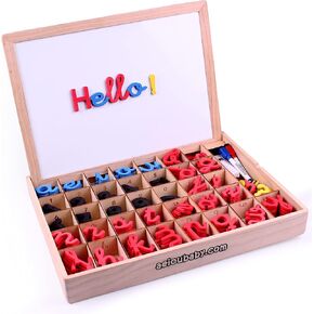 Montessori Magnetic Letters and Numbers | Cursive Alphabet Set with Uppercase, Lowercase, Numerals in EVA Foam | Reversible Whiteboard and Wooden Box | Educational Toy for Reading and Writing Skills