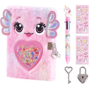 Axolotl Diary for Girls with lock and keys, Kids Journal School Travel Notebook Gift Set for Writing and Drawing,Multicolored Pen, Stickers, Birthday Gift for Girls ages 6-8