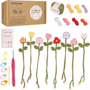 WaldyWop Crochet Kit for Beginners - 8 Flower Bookmarks Crocheting Kit w/Step-by-Step Video Tutorials & Soft Yarn and Hooks - Wobbles Crochet Starter Kit for Adults Kids, Ideal Gifts for Women