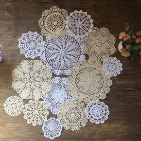 MINDPLUS Set of 14 Hand Crochet Doilies Cotton Crocheted Lace Doilies 4-10 Inches Round White Beige Vintage Wedding Tea Party