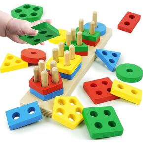 Wooden Toddler Puzzles for 1 2 3 4 Year Old, Color Shape Sorter and Stacking Matching Educational Learning Toys Preschool Educational Sensory Puzzles Classroom Christmas Birthday Easter Gifts