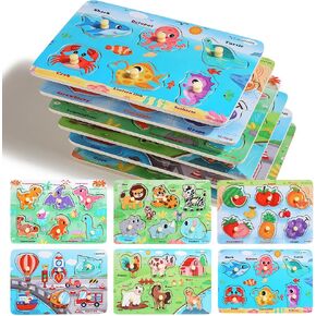 Generic Wooden Toddler Puzzle Toy for 1 2 3 Years Old, 6 Pcs Montessori Learning Peg Puzzles for Kids - Fruit, Dino, Animal, Farm, Sea Creature and Transport Topic, Birthday for Girls Boys