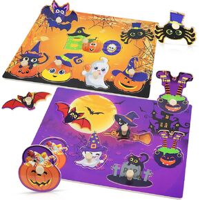 2Pcs Halloween Wooden Peg Puzzles, Halloween Toys for Toddlers Educational Puzzle Kids Halloween Party Favors Halloween Basket Stuffers Fillers Favors Halloween Treats Non Candy Goodies for Boy Girls