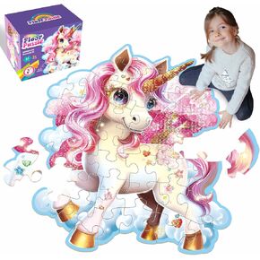 Jumbo Shimmery Floor Puzzle for Kids,Unicorn Jigsaw Large Puzzles,45 Piece Unicorn Puzzle for Toddler Ages 3-5,Children Learning Preschool Educational Toys,Birthday Gift for 4-8 Years Old