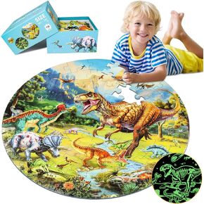 Glow in The-Dark Dinosaur Floor Puzzles for Kids Ages 4-6, Kids Jigsaw Puzzles Ages 6-8, 70PCS Large Round Dino Educational Puzzle Toys Gifts for 3 4 5 6 7 8 Years Old Boys Girls Children