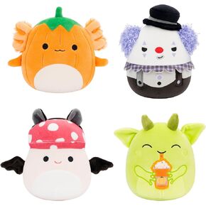 Squishmallows Original 5-Inch Halloween 4-Pack – Gabin Pumpkin Axolotl, Fitzy Goblin Holding Latte, Malcolm Bat Mushroom, Ms. K Purple Clown – Official Jazwares Plush (Little)