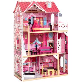 Pink Doll House, Wooden Kids Dollhouse with Balcony & Stairs, Accessories & Furniture Included, Large 3-Story Easy to Assemble Doll House Toy, Gift for Toddler Boys Girls