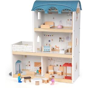 Wooden Dollhouse for Girls,Wood Doll Houses,Modern Dollhouse Playset with Furniture&Accessories, DIY Pretend Dream House with 3 Dollhouse Figurines,Dollhouse Kit Gift for Kids Toddlers Girls Toys