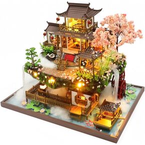 Yuzhen DIY Miniature Dollhouse with Furniture and LED Lights, Large Ancient Style Wooden Dollhouse Includes Dustcover and Music Movement