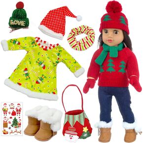 UNICORN ELEMENT 2 Sets Christmas Doll Clothes and Accessories Fit 18 Inch Girl Doll Christmas Santa Costume Including Christmas Dress, Sweater, Hairpin, Hat, Scarf, Boots, etc
