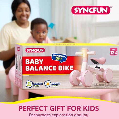 SYNCFUN LED Baby Balance Bike with Music for 1 2 Year Old Boys Girls, Balance Bike with Lights & Sounds, Educational Toys for 1 Year Old, 4 Wheels Balance Bike Toddler Toys in Kuwait