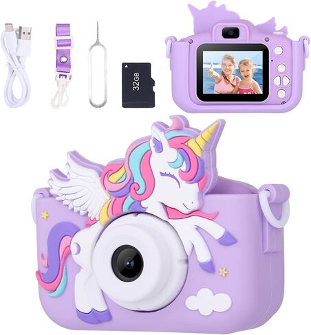 Unicorn Toys Camera for Kids Girls Age 3-8, Toddler Kids Digital Camera Christmas Birthday Gifts for 3 4 5 6 7 8 Years Old Girl, Cute Selfie Video Camera, HD 1080P, 32GB SD Card, Purple in Saudi Arabia