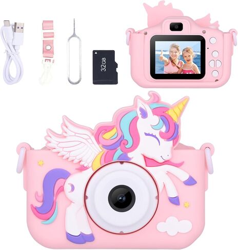 Unicorn Toys Camera for Kids Girls Age 3-8, Toddler Kids Digital Camera Christmas Birthday Gifts for 3 4 5 6 7 8 Years Old Girl, Cute Selfie Video Camera, HD 1080P, 32GB SD Card, Purple in Saudi Arabia
