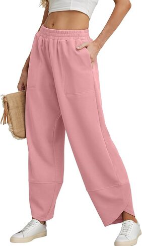 سراويل نسائية واسعة الساق سراويلي حريمي فضفاضة غير رسمية بخصر مطاطي بلون سادة مريحة صالة بالازو سراويل رياضية فضفاضة مع جيوب in Kuwait