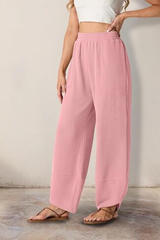 سراويل نسائية واسعة الساق سراويلي حريمي فضفاضة غير رسمية بخصر مطاطي بلون سادة مريحة صالة بالازو سراويل رياضية فضفاضة مع جيوب in Kuwait