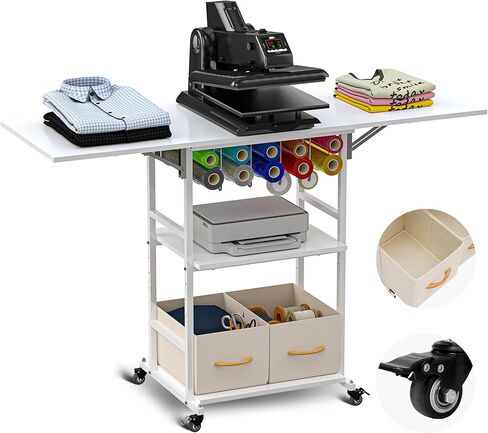 طاولة ضغط حراري متحركة من 3 طبقات من Nisorpa مع رف قابل للتعديل، عربة ضغط حراري مع عجلتين مقفلتين، طاولة عمل قابلة للطي شديدة التحمل مع صندوقين تخزين قابلين للإزالة، أبيض in Kuwait