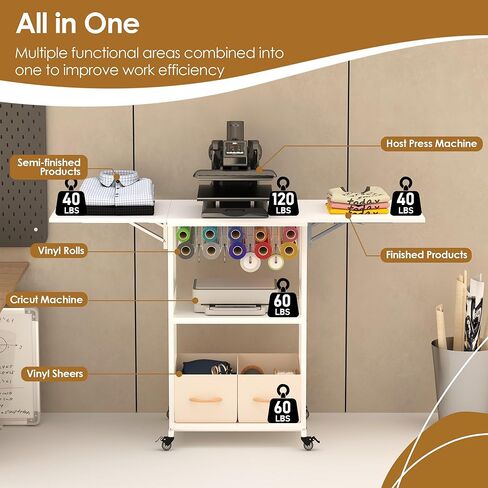 طاولة ضغط حراري متحركة من 3 طبقات من Nisorpa مع رف قابل للتعديل، عربة ضغط حراري مع عجلتين مقفلتين، طاولة عمل قابلة للطي شديدة التحمل مع صندوقين تخزين قابلين للإزالة، أبيض in Kuwait