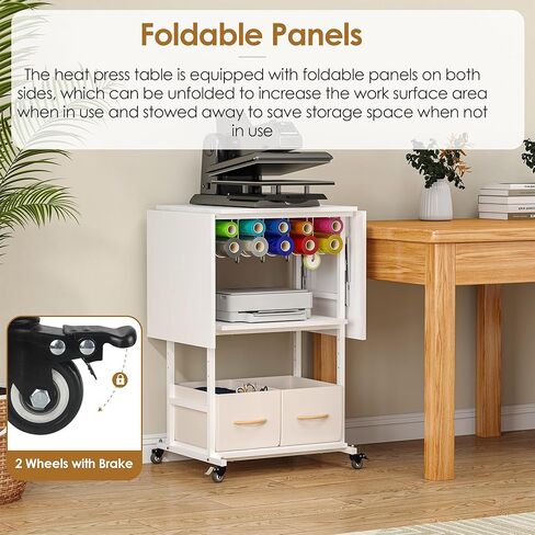 طاولة ضغط حراري متحركة من 3 طبقات من Nisorpa مع رف قابل للتعديل، عربة ضغط حراري مع عجلتين مقفلتين، طاولة عمل قابلة للطي شديدة التحمل مع صندوقين تخزين قابلين للإزالة، أبيض in Kuwait