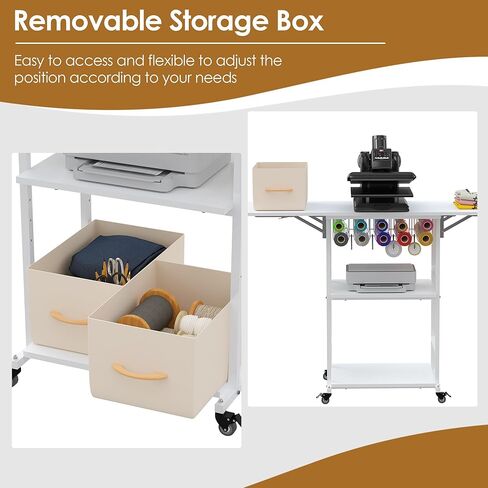 طاولة ضغط حراري متحركة من 3 طبقات من Nisorpa مع رف قابل للتعديل، عربة ضغط حراري مع عجلتين مقفلتين، طاولة عمل قابلة للطي شديدة التحمل مع صندوقين تخزين قابلين للإزالة، أبيض in Kuwait