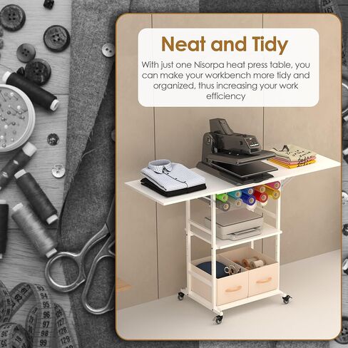 طاولة ضغط حراري متحركة من 3 طبقات من Nisorpa مع رف قابل للتعديل، عربة ضغط حراري مع عجلتين مقفلتين، طاولة عمل قابلة للطي شديدة التحمل مع صندوقين تخزين قابلين للإزالة، أبيض in Kuwait