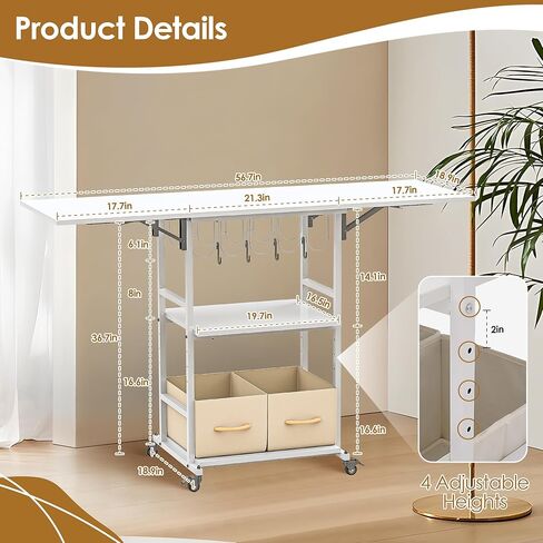 طاولة ضغط حراري متحركة من 3 طبقات من Nisorpa مع رف قابل للتعديل، عربة ضغط حراري مع عجلتين مقفلتين، طاولة عمل قابلة للطي شديدة التحمل مع صندوقين تخزين قابلين للإزالة، أبيض in Kuwait