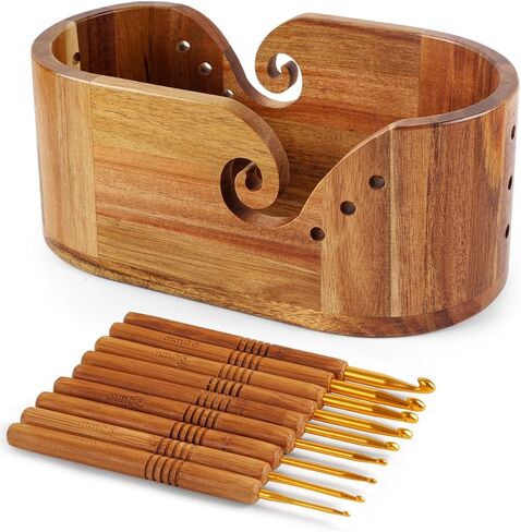 Yarn Bowl for Crocheting, Acacia Wood Yarn Storage with 9pcs Crochet Hooks in Kuwait