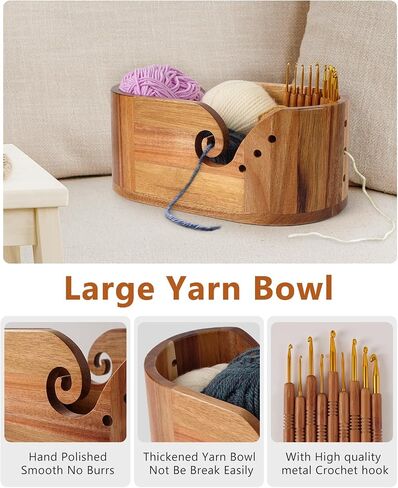 Yarn Bowl for Crocheting, Acacia Wood Yarn Storage with 9pcs Crochet Hooks in Kuwait