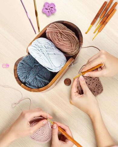 Yarn Bowl for Crocheting, Acacia Wood Yarn Storage with 9pcs Crochet Hooks in Kuwait