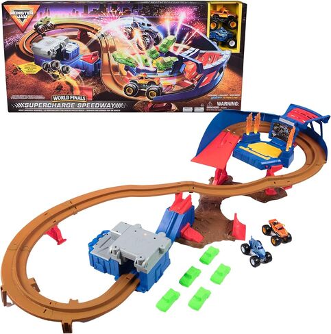 مجموعة ألعاب Monster Jam، Supercharge Speedway، Megalodon وEl Toro Loco، شاحنات وحشية مصبوبة، ألعاب Light Up World Finals Track للأطفال للأولاد من عمر 3 سنوات فما فوق in Saudi Arabia